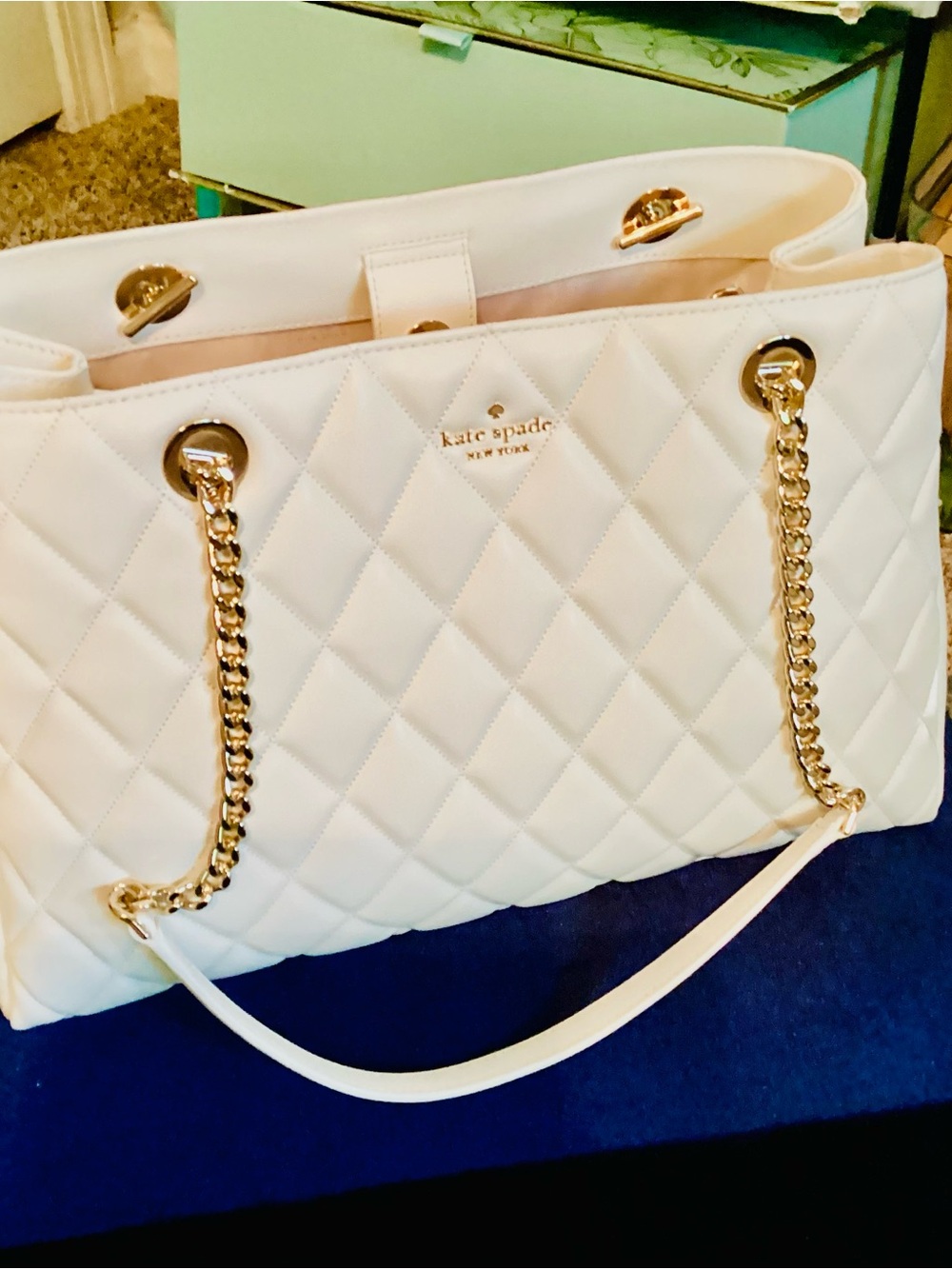 kate spade White Quilted Shoulder Tote with Gold Chain Handles